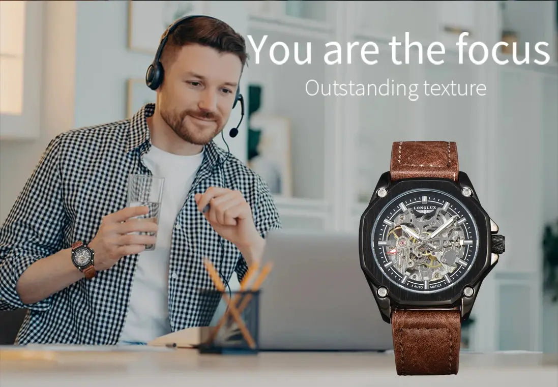 Men's automatic skeleton watch with brown leather strap and transparent dial; Longines logo