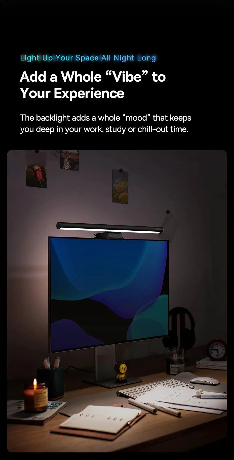 Baseus screen light desk lamp, black USB monitor light bar mounted on top of a computer monitor.