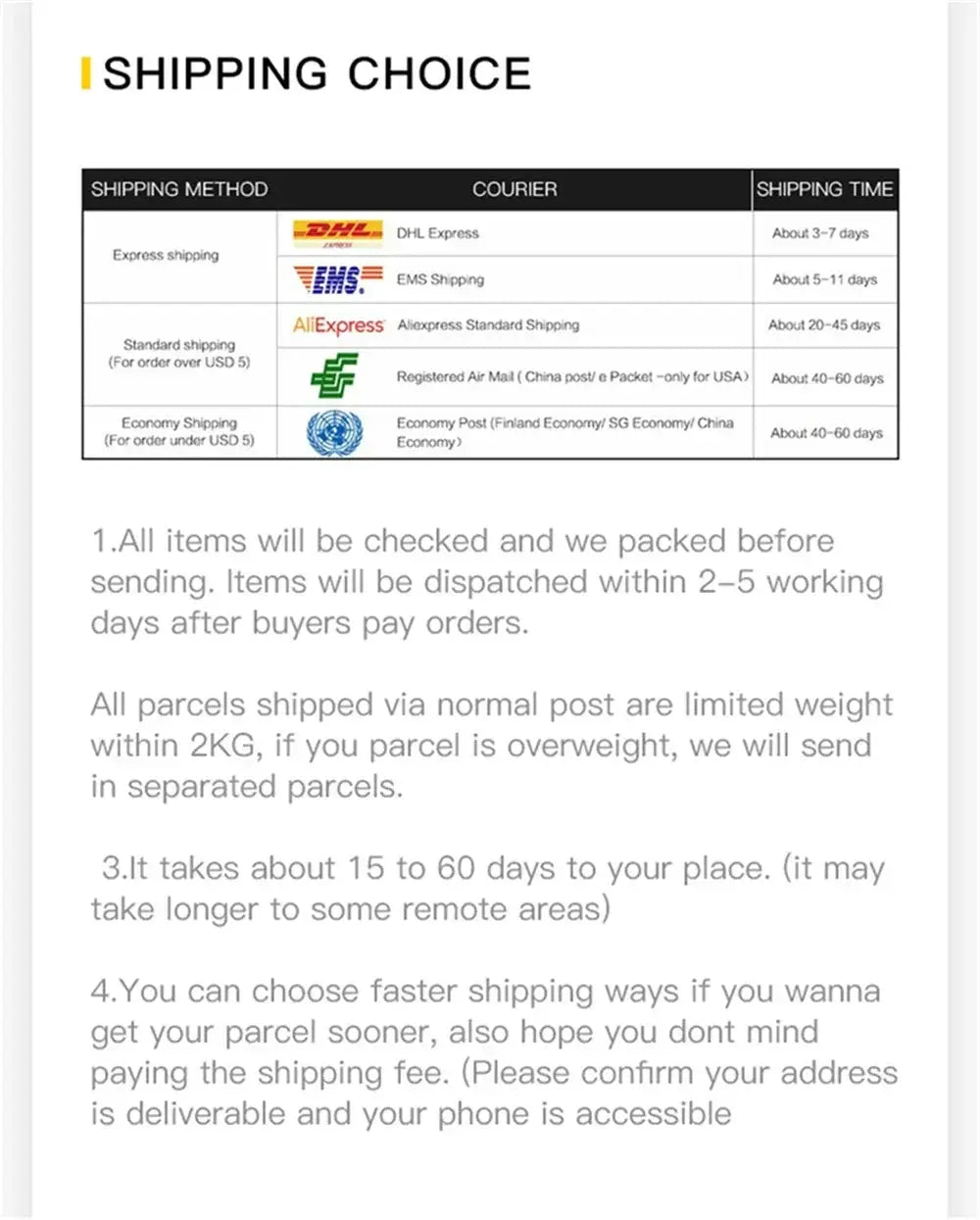 Shipping policy page showing a table of shipping methods and estimated delivery times.