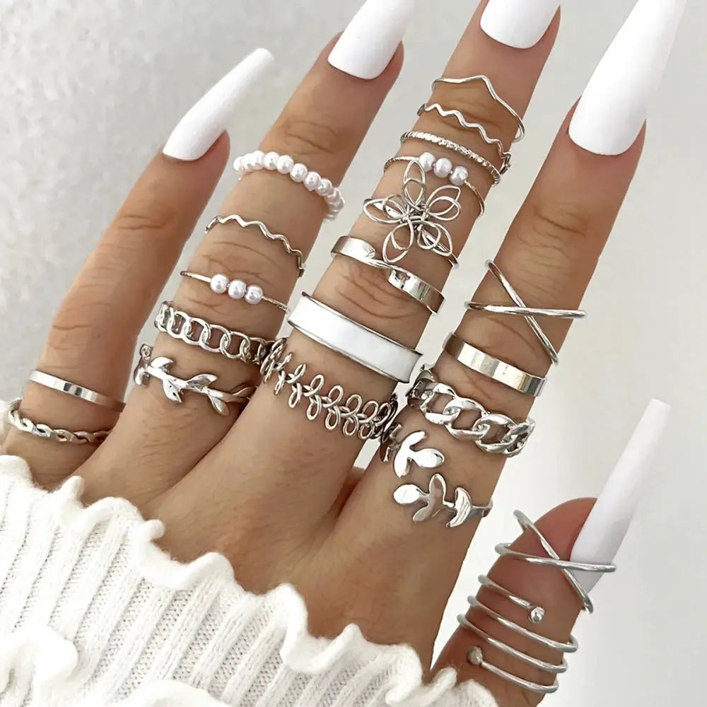 22 Piece Vintage Gold Color Heart And Butterfly Rings Set For Women Boho Metal Geometric Spiral Imitation Pearl Jewelry