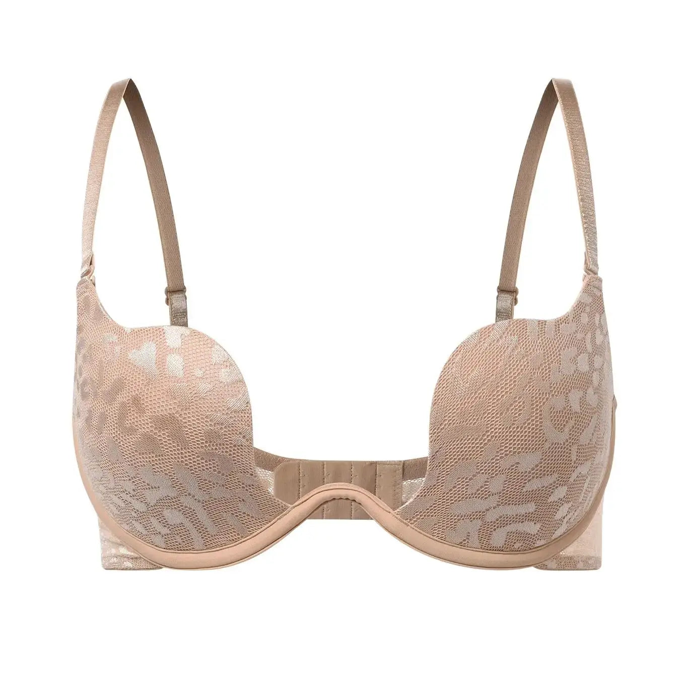 Nude lace underwire push-up bra with padded thick cups.