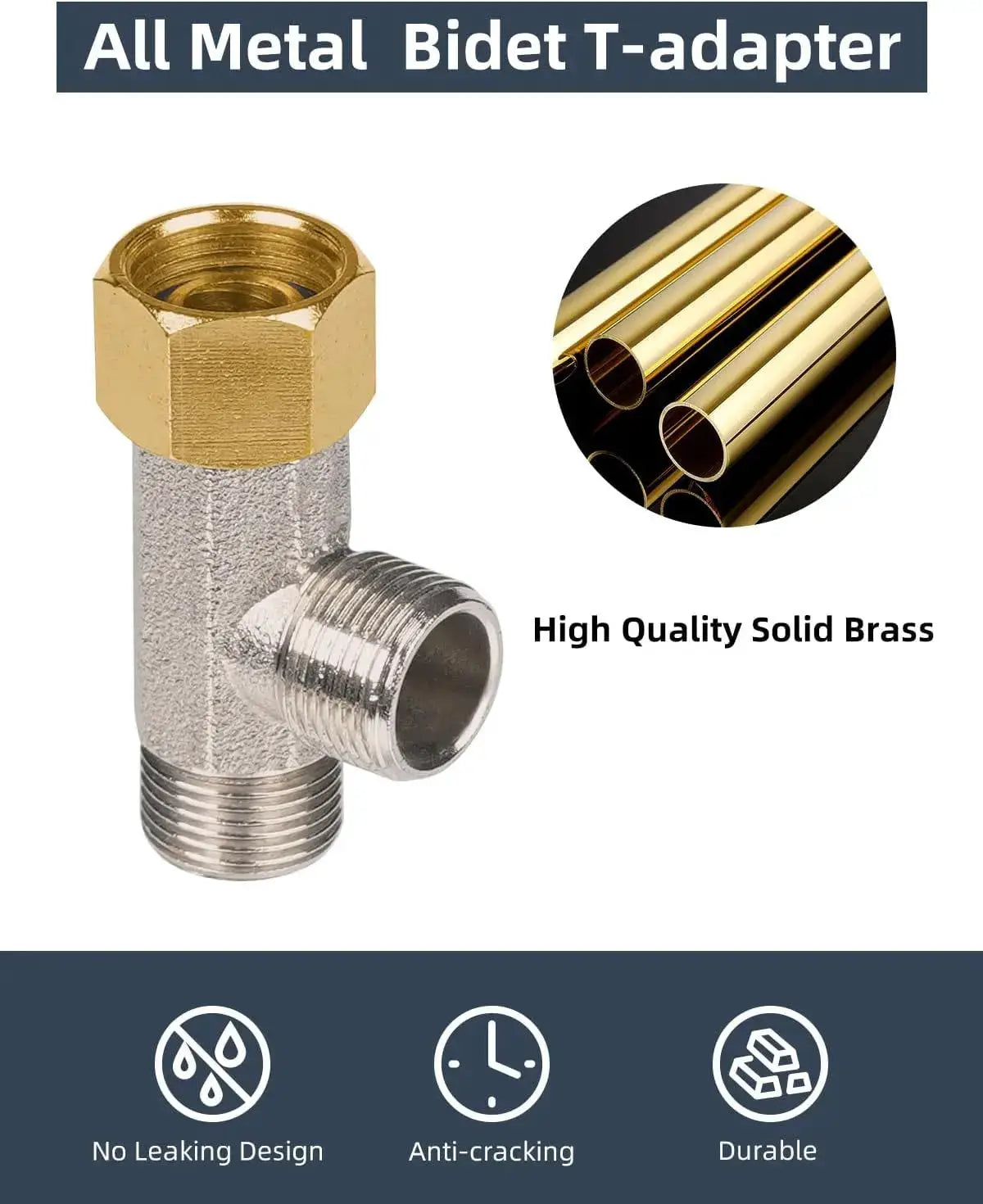 Simples Market solid brass bidet T-adapter valve with brass nut and silver body; fits 3/8, 1/2, 9/16 in fittings