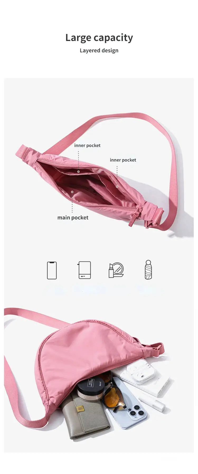 Pink nylon crossbody bag with padded interior, adjustable strap and multiple pockets
