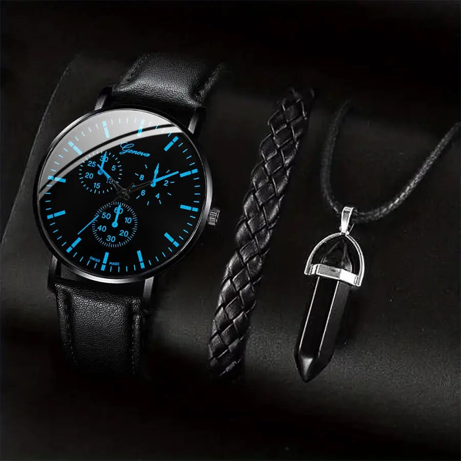 Nova 3 Piece Mens Analog Quartz Watch Set With Leather Bracelet And Necklace Included For Versatile Business Casual Wear