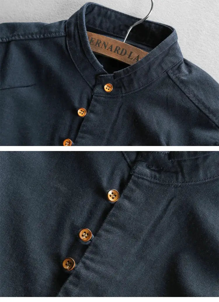 Linen-cotton navy shirt with stand collar and brown front buttons, long-sleeve slim-fit style by Simples Market