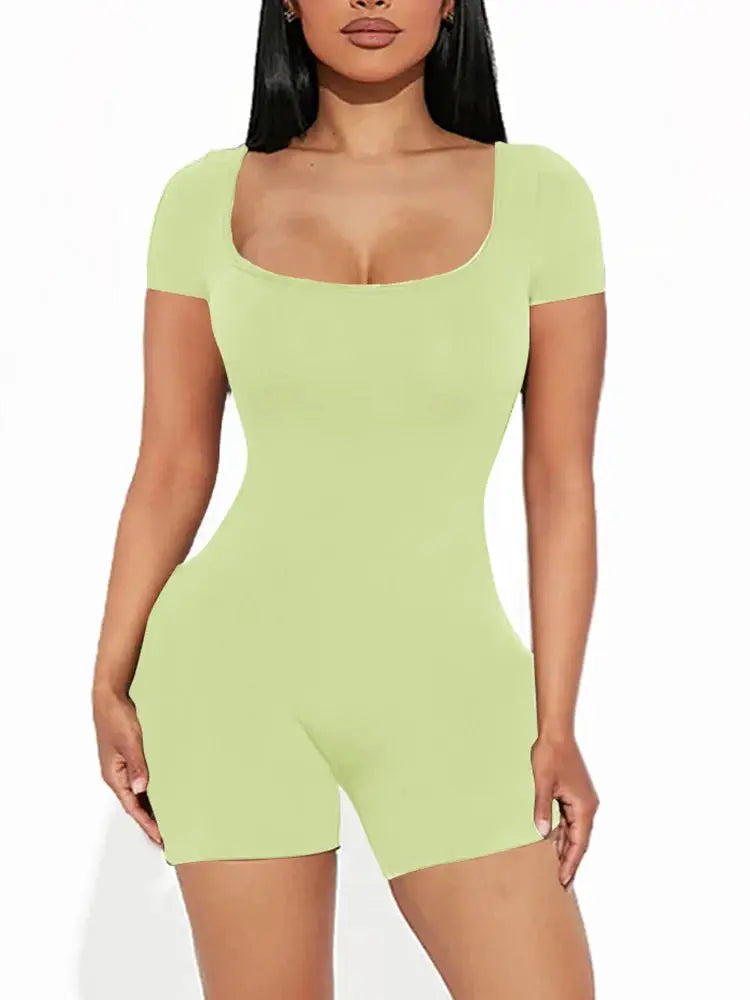Women's lime green short-sleeve U-neck jumpsuit, Simples Market, polyester one-piece for fitness