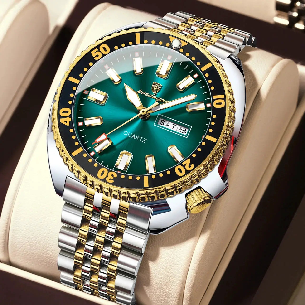 POEDAGAR luxury men's wristwatch with green dial, two-tone gold and stainless steel bracelet, date display