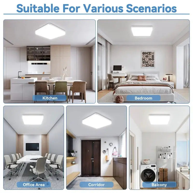 Modern square LED ceiling light by Simples Market, 110V/220V, shown in six scenes
