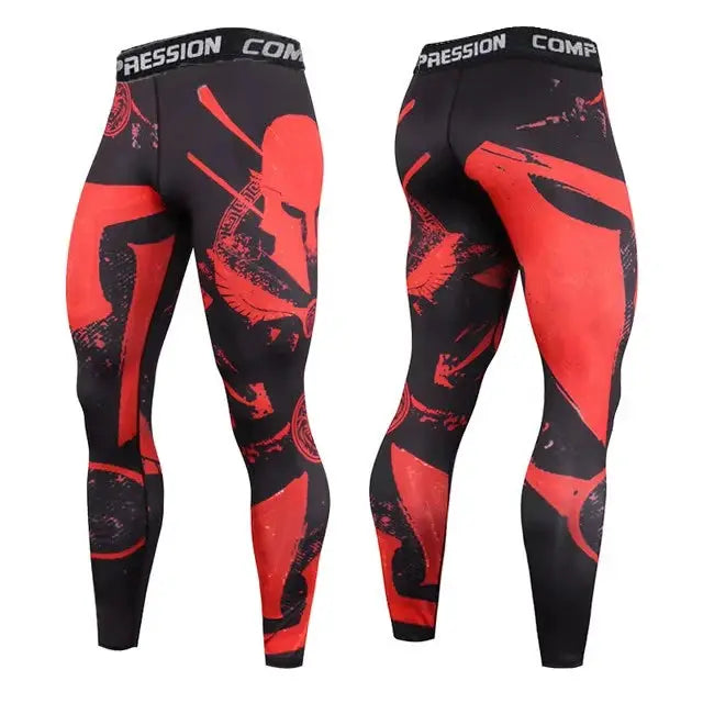 Men's compression pants with black and red abstract print for athletic training
