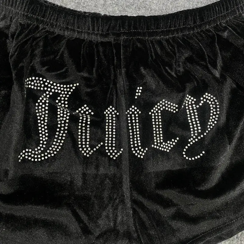 Women's retro breathable shorts by Simples Market, black velvet with rhinestone logo