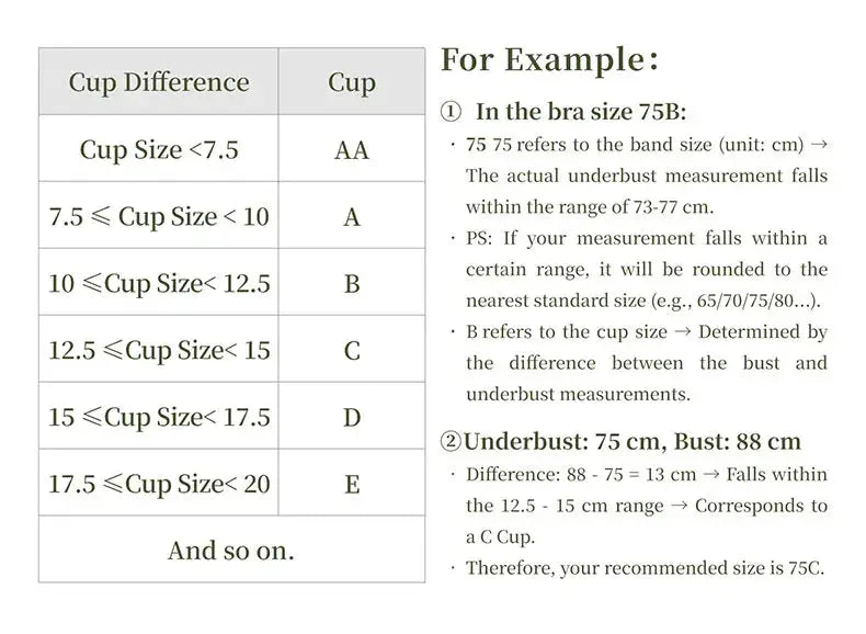 SUJIIN bra size conversion chart showing cup differences and sizing examples (AA–E)