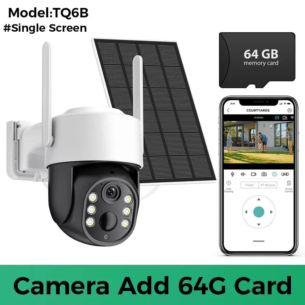 Simples Market outdoor solar WiFi security camera with built-in battery and dual lens, 8MP/4K, 64GB card.