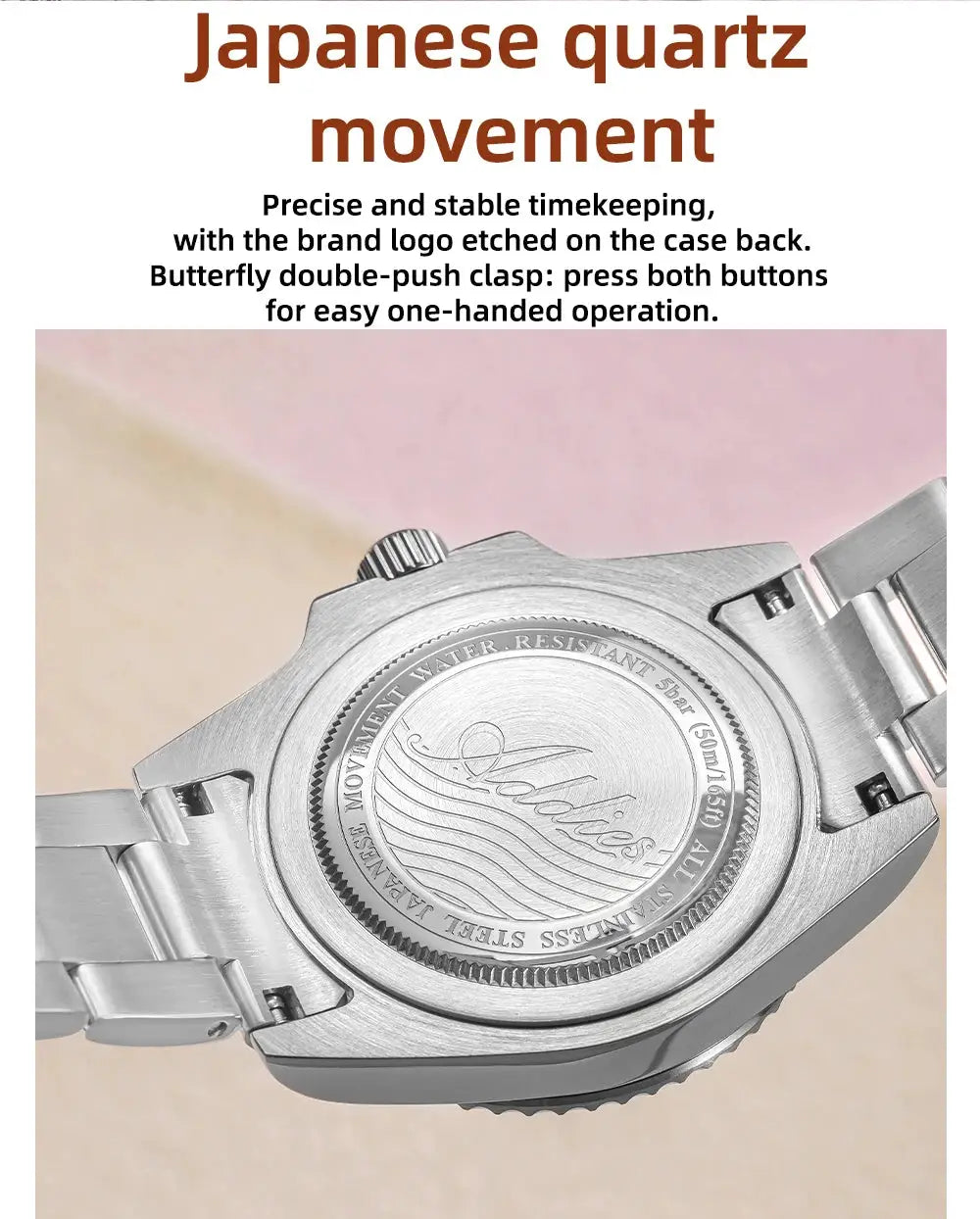 Addies New women's stainless steel watch with silver bracelet and engraved case back