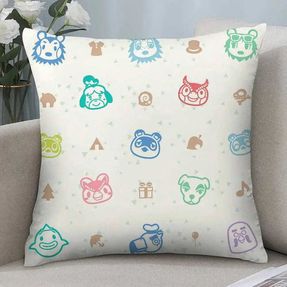 Game Cute Animal Crossing pillow case, square throw pillow cover with multicolor animal prints on white, double-sided.