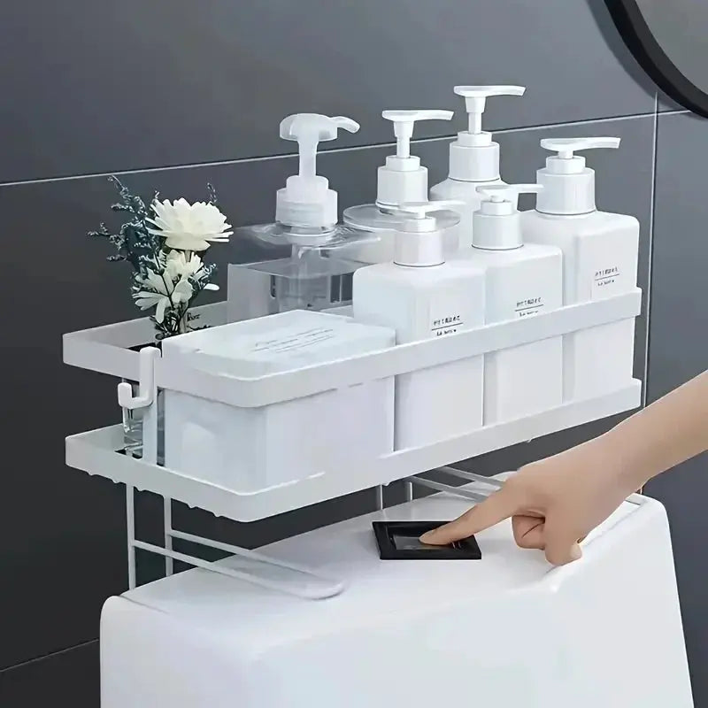 Bathroom over-the-toilet storage shelf in white by Simples Market with pump bottle organizer