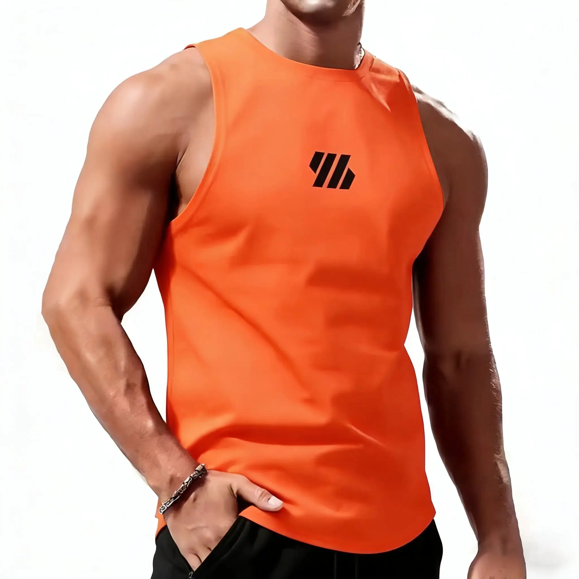 Men's orange sleeveless sport vest tank top by Simples Market with black logo