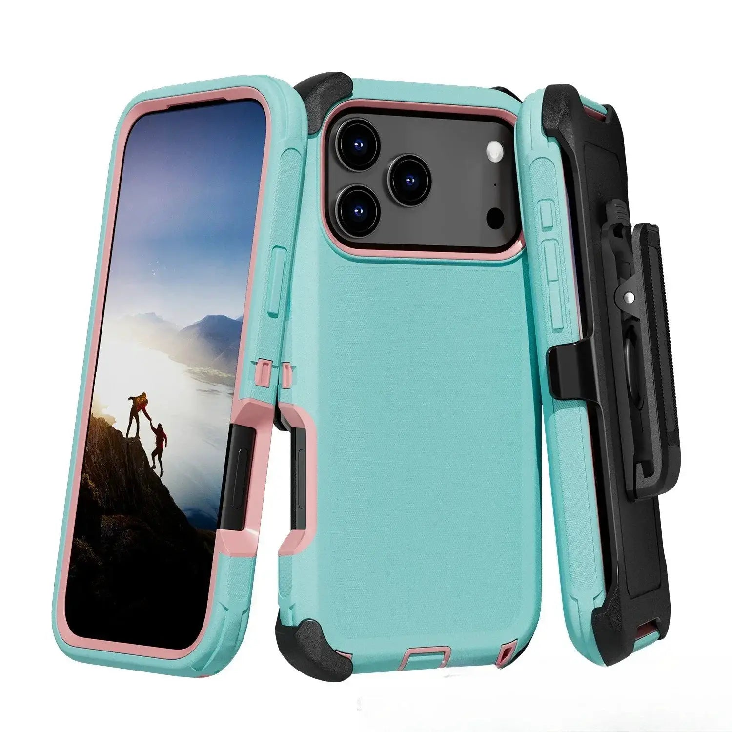 Rugged shockproof phone case with belt clip in teal/pink for iPhone 17/16/15/14/13 Pro Max by Simples Market
