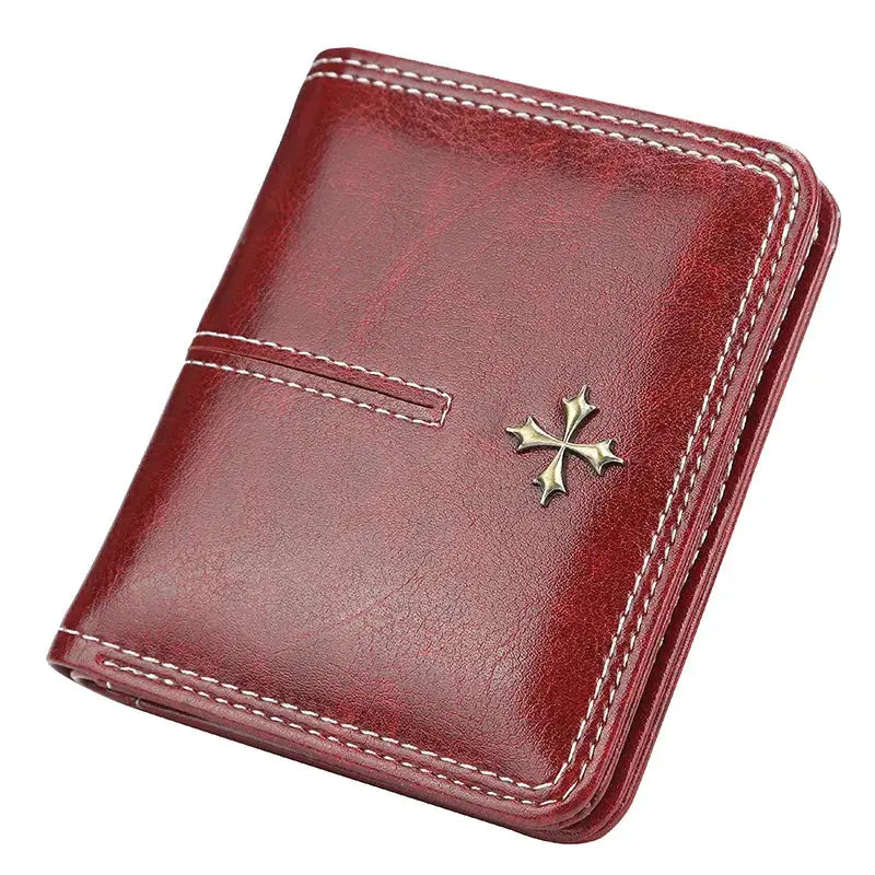 Women's red oil-waxed PU wallet with zipper, white stitching and gold cross emblem