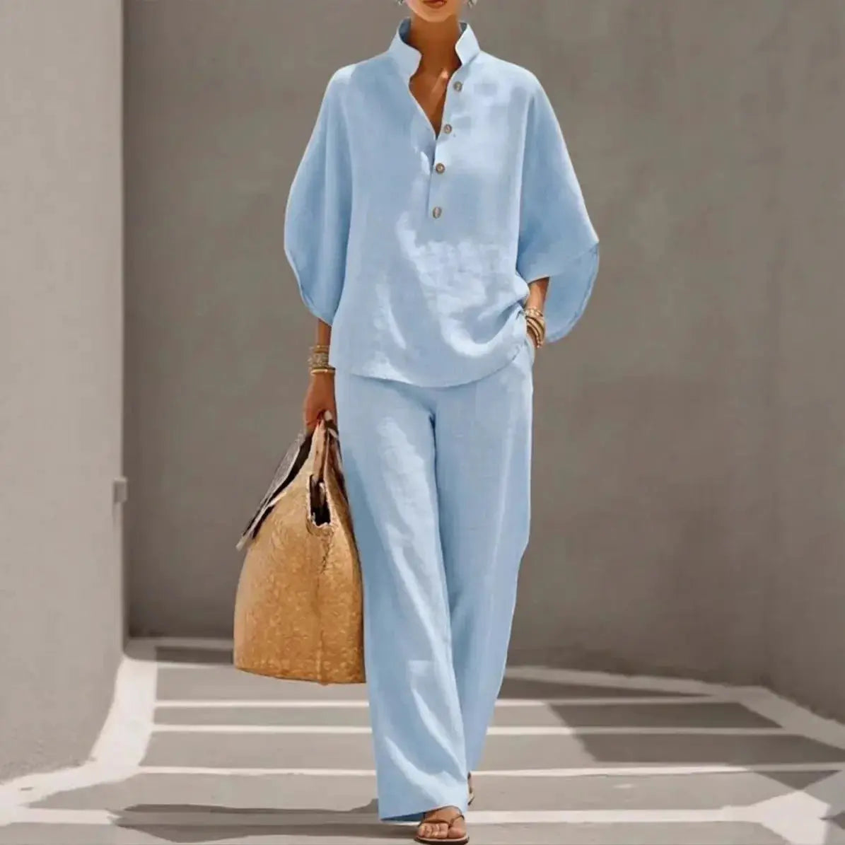 Cotton Linen Pant Set Women Stand Collar Button Top Wide Leg Trousers