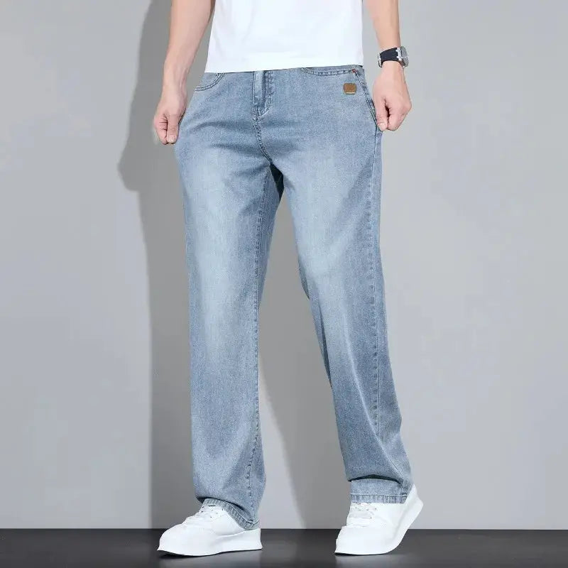 Lyocell Ice Silk Jeans by Simples Market, light blue straight-leg denim pants with soft drape