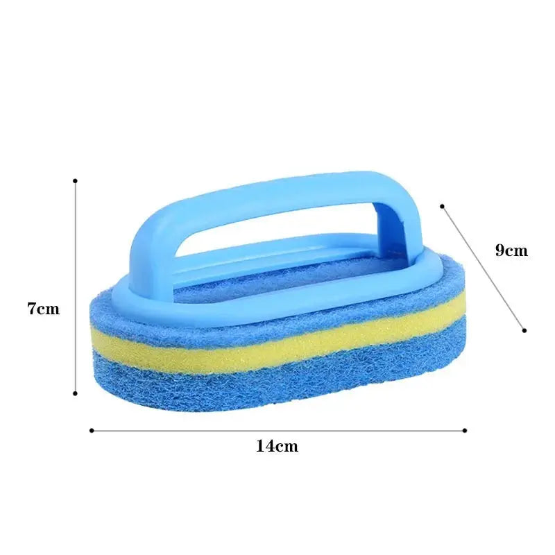 Household cleaning brush with handle by Simples Market, blue and yellow sponge for dishes and bathroom/kitchen.