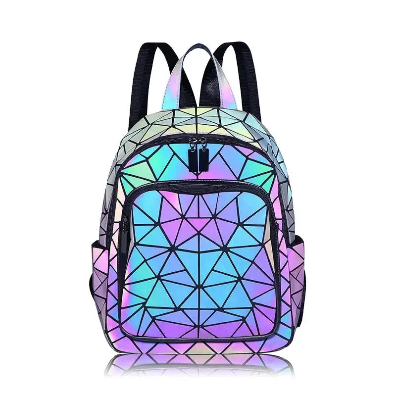 Backpack, luminous holographic geometric pattern in rainbow PVC, Simples Market travel bag for teens.