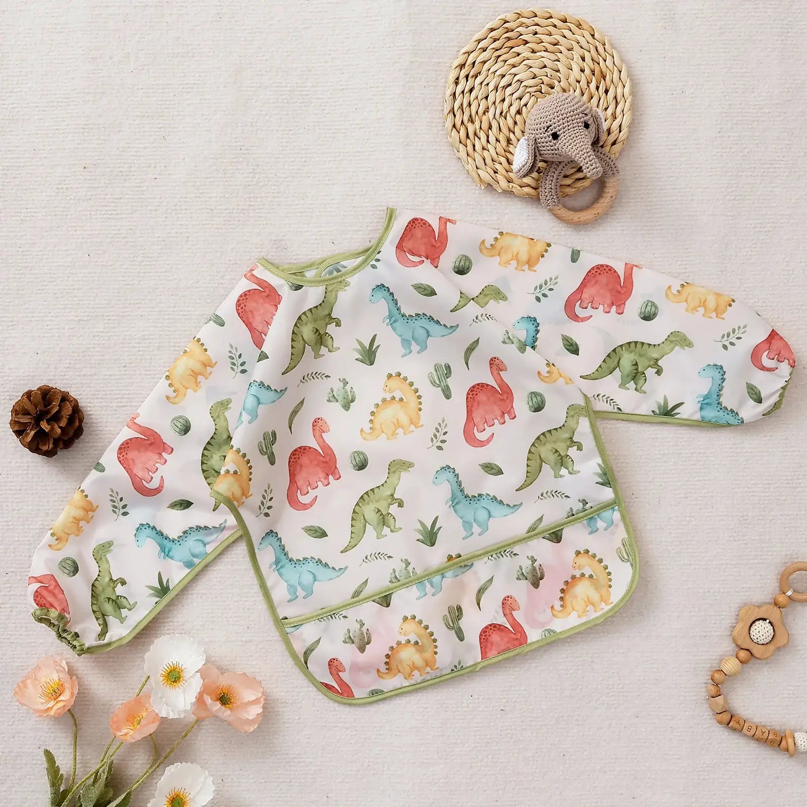Elinfant Long Sleeve Waterproof Feeding Bibs For 1-3 Years Washable Burp Cloth Coverall Bibs Easy Clean