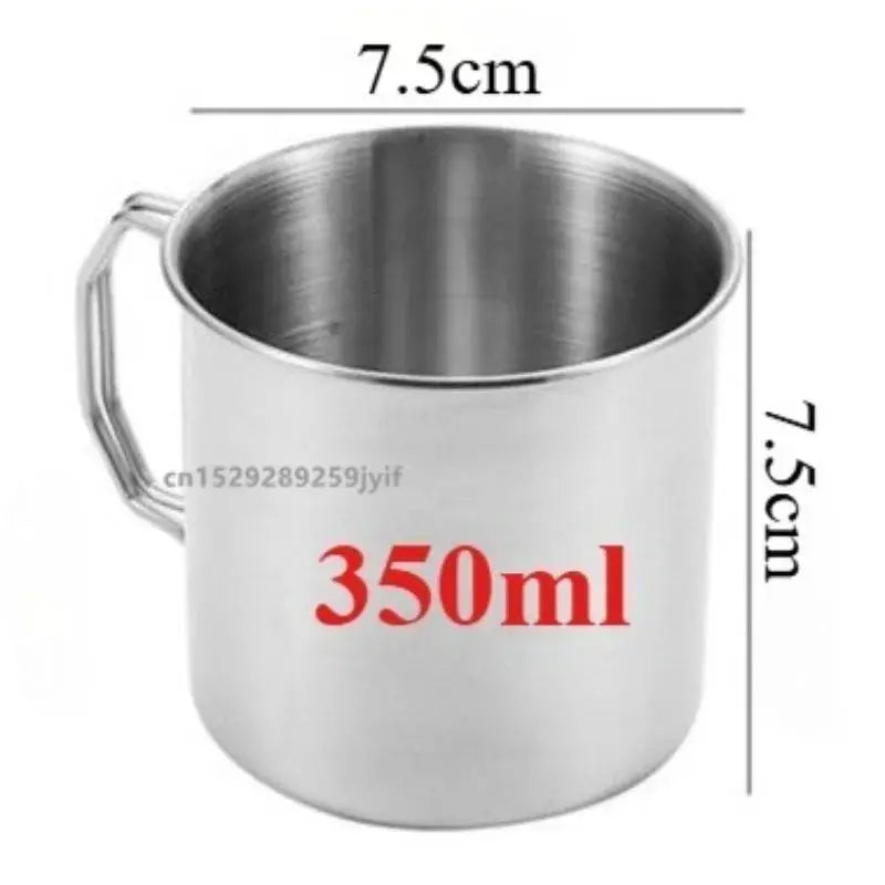 Stainless steel camping cup, 350ml, Simples Market, with foldable handle and compact design for outdoor use