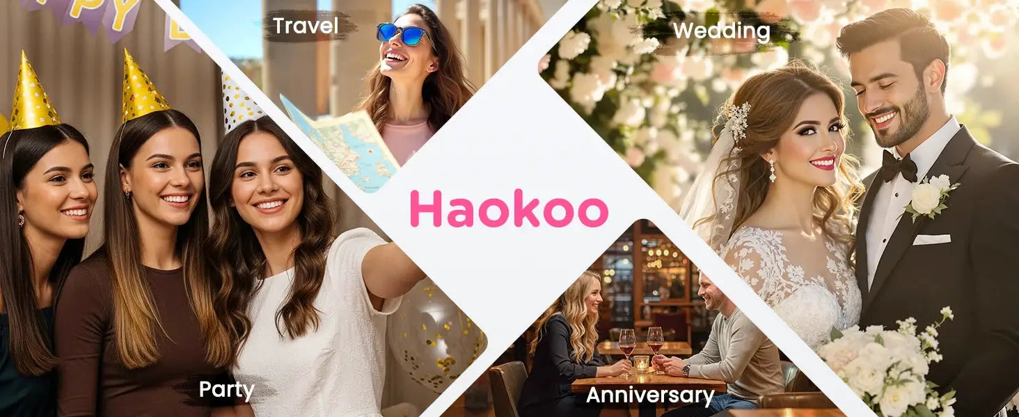 Thermal Blowout 1.5-inch heated round brush by Simples Market; Haokoo collage of wedding, travel, party, anniversary.