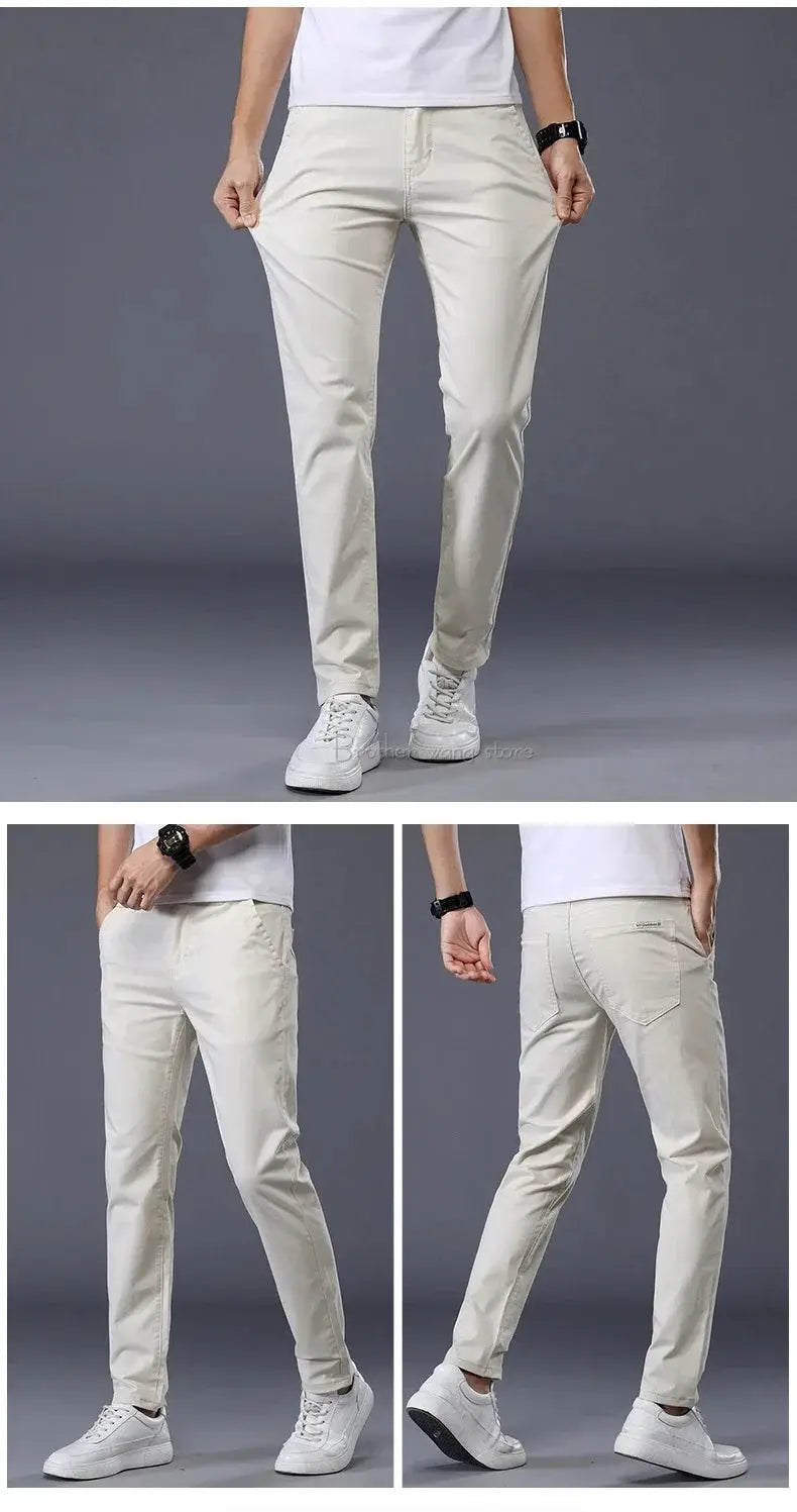 Men's Summer Thin cotton casual pants, beige with elastic waistband, straight slim fit long trousers