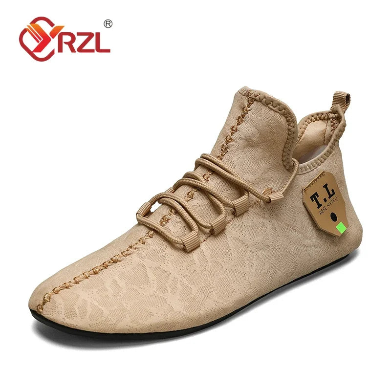 YRZL men's beige mesh loafers with lace-up driving moccasin and side tag