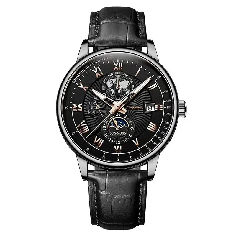 NovaLux Moon Phase Chronograph Leather Mens Watch With Luminous Hands And Complete Calendar