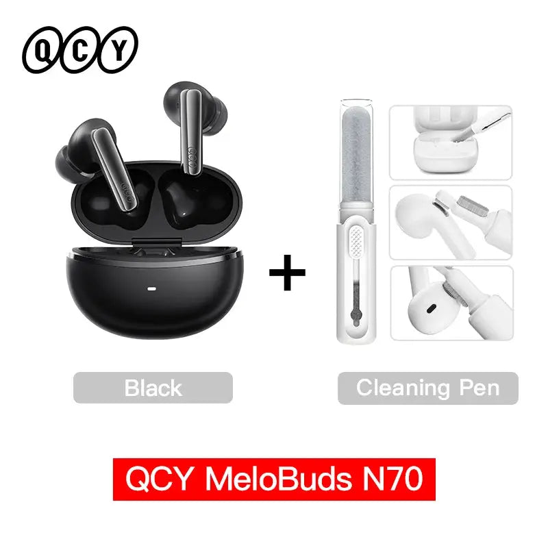 QCY MeloBuds N70 wireless earbuds with black charging case and cleaning pen kit