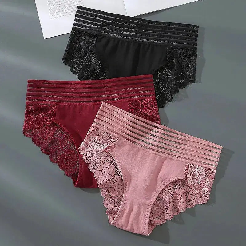 3-pack lace panties set with striped waistbands in black, burgundy and pale pink
