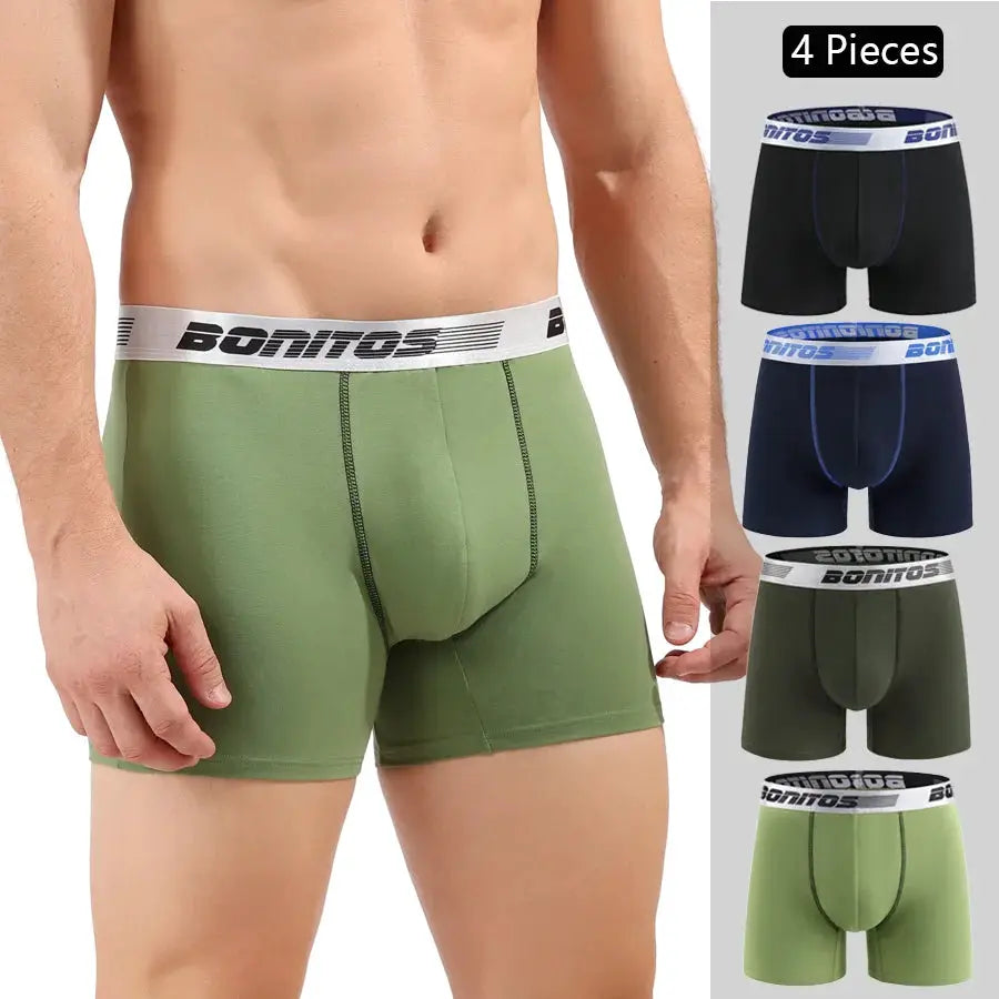 Boxer shorts set for men, 4 pieces by Simples Market Bonitos; cotton underwear with white branded waistband in black, navy, olive, and lime.
