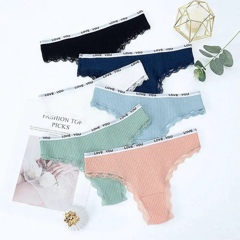 Simples Market 6-pack lace thong underwear; cotton T-back panties with white elastic waistband in assorted colors.