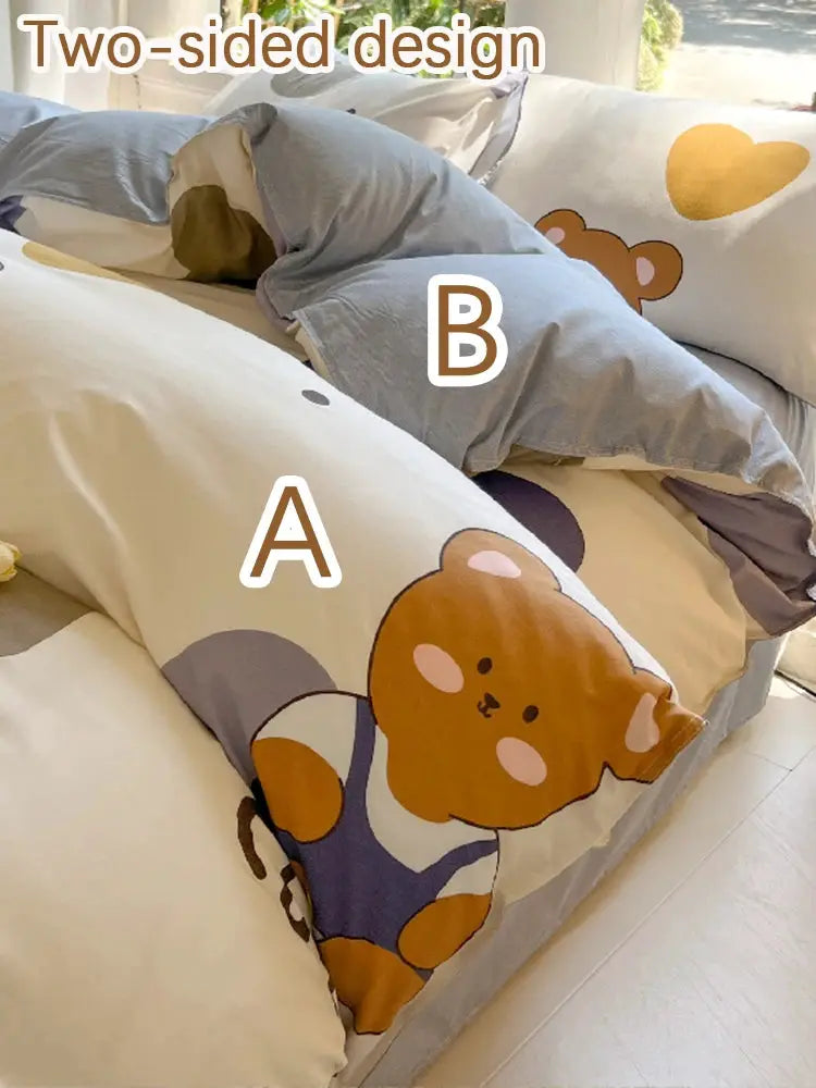 Simples Market kawaii bear printed bed set with cream duvet cover and pillowcases, two-sided design