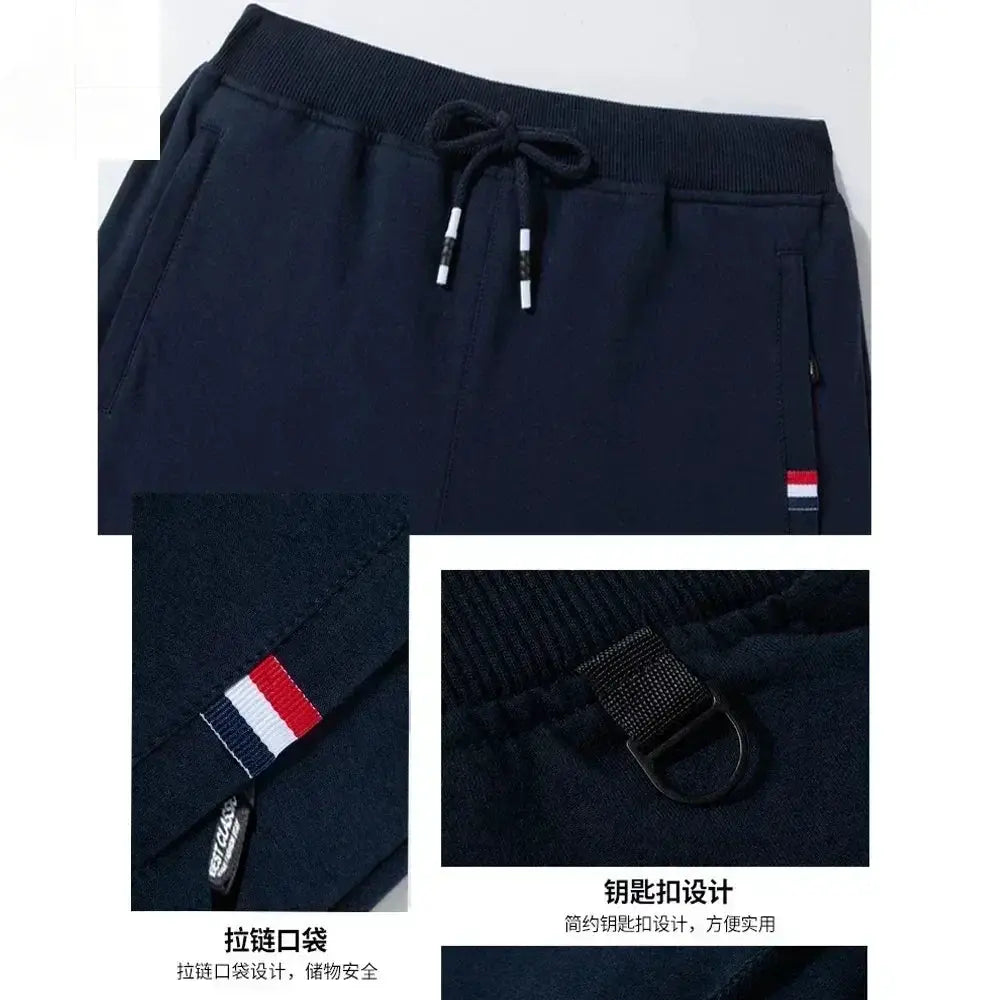 Simples Market men's navy cotton track pants with elastic waist, drawstring, side pockets, striped trim