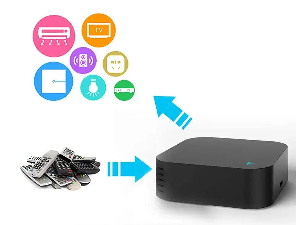 Tuya WiFi IR remote control hub with temperature humidity sensor, black compact box with colorful device icons