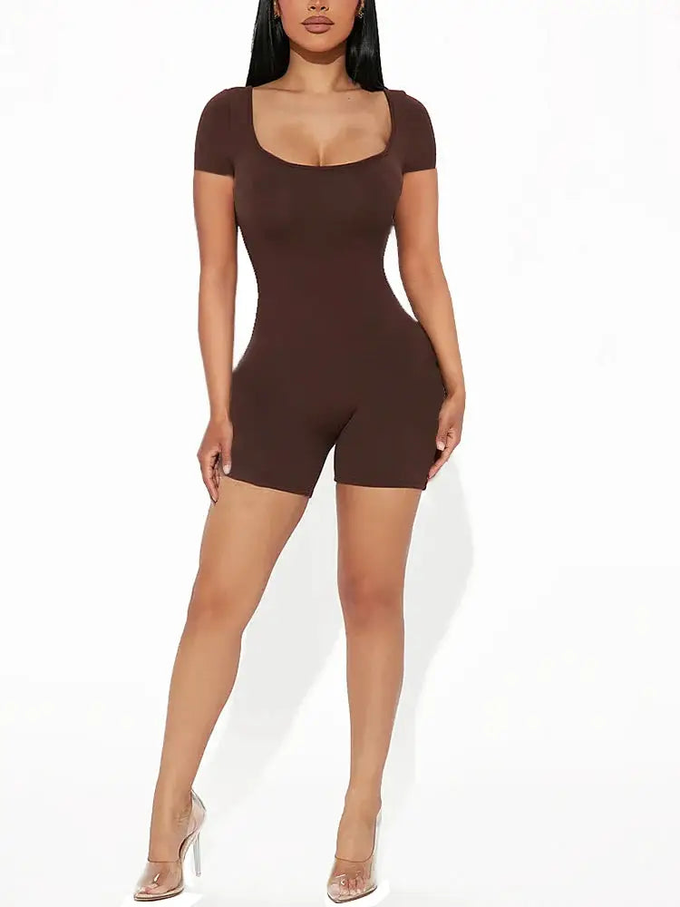 Women's brown solid short-sleeve U-neck jumpsuit romper, polyester Simples Market