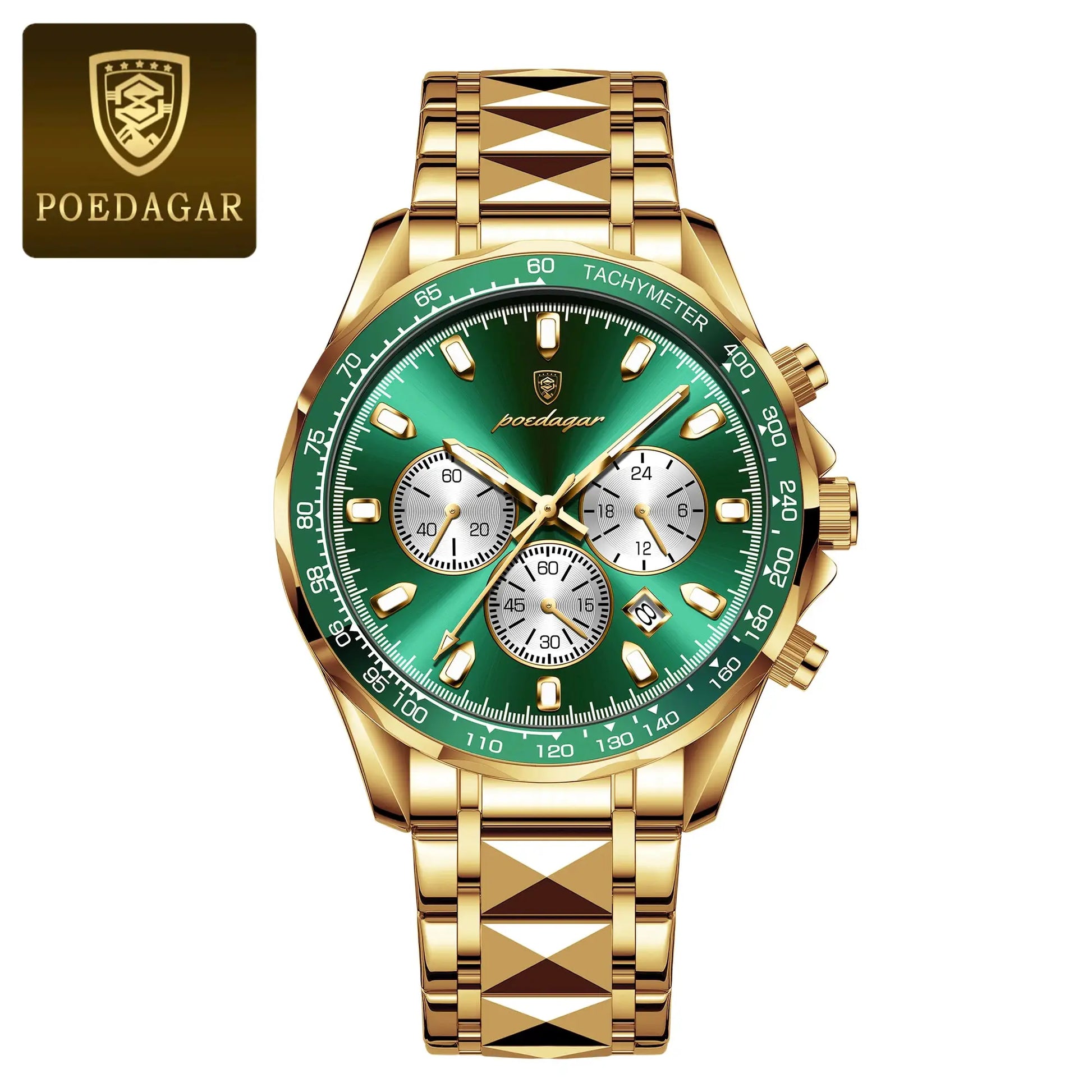 POEDAGAR men's luxury gold-tone stainless steel chronograph watch with green dial and tachymeter.