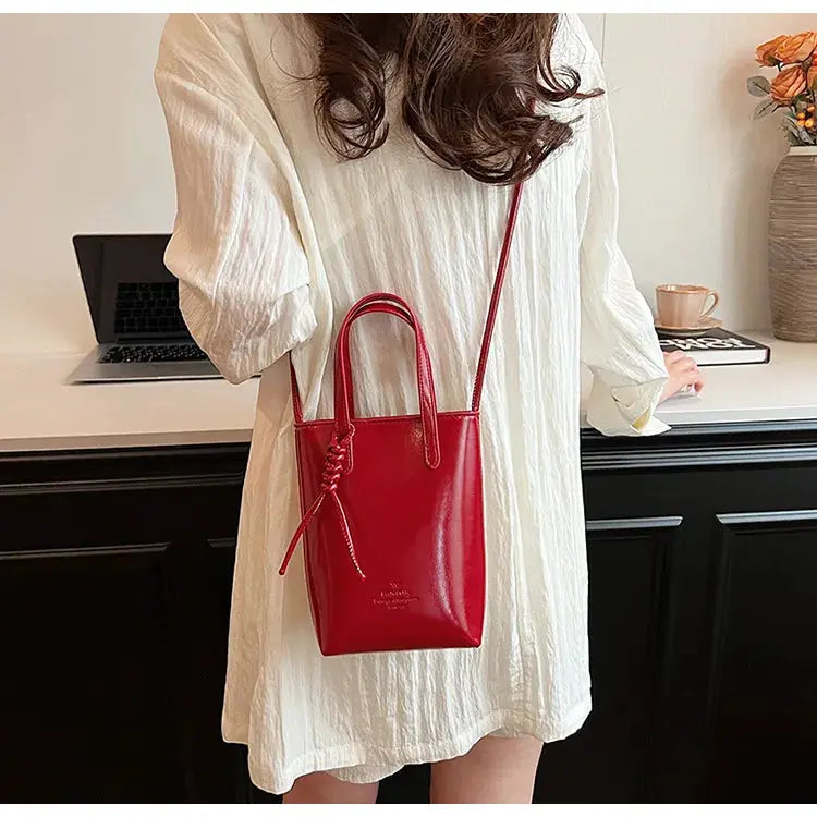 PU Leather Mini Crossbody Bag for Women, red with top handles and long strap