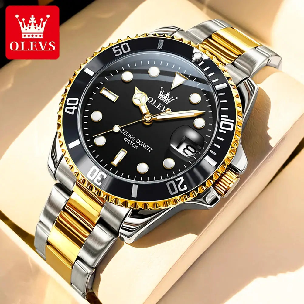 OLEVS 5885 men's watch with two-tone stainless steel strap and gold bezel