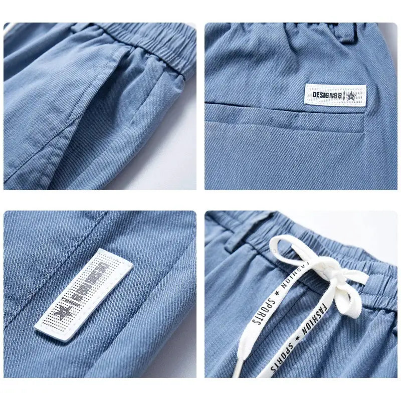 Men's casual slim-straight pants in blue denim-like fabric with elastic waist and Desingbo branding