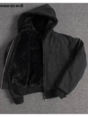 Mauroicardi padded black canvas-washed jacket with faux fur lining, oversized hood