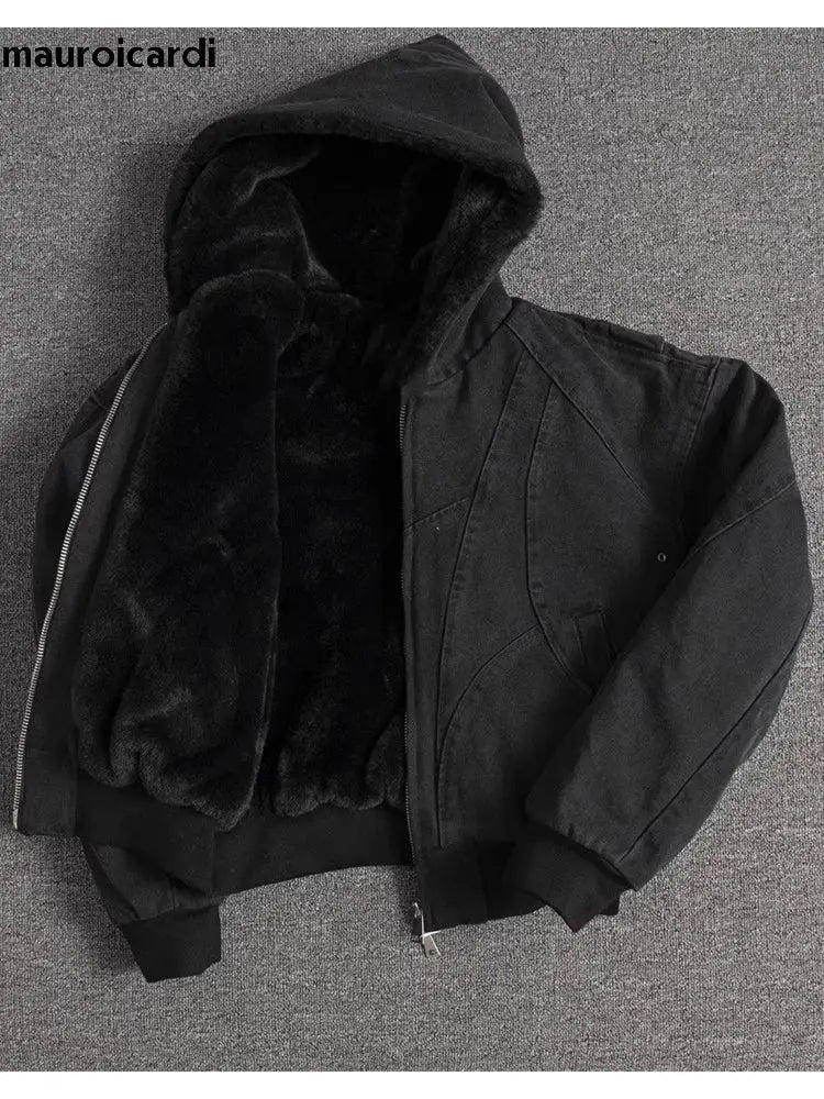 Mauroicardi padded black canvas-washed jacket with faux fur lining, oversized hood