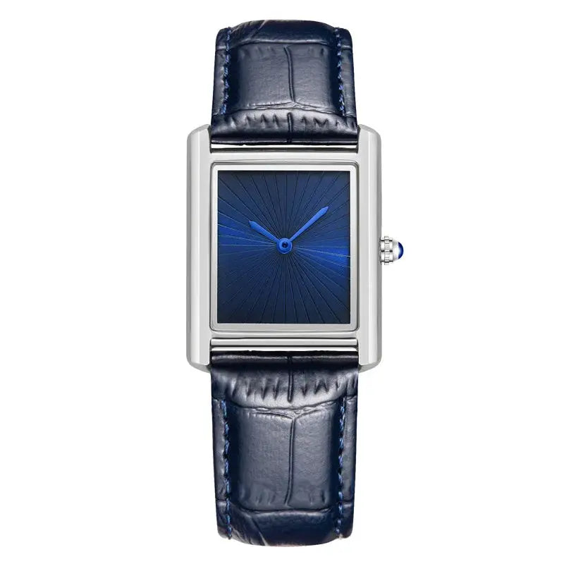 New Classic Square Watch with blue dial, blue leather strap, silver case