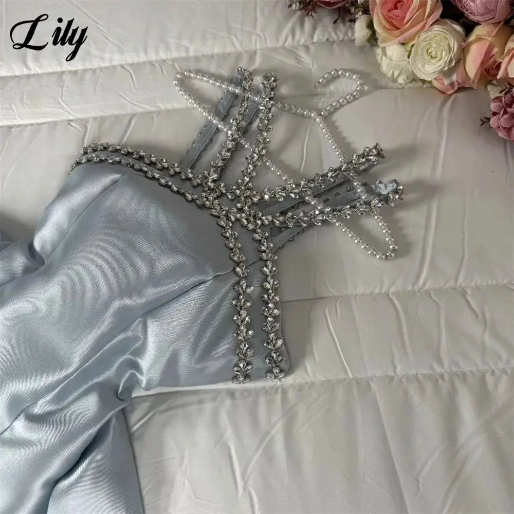 Lily Light Blue Prom Dress With Shiny Beading Halter Detachable Train