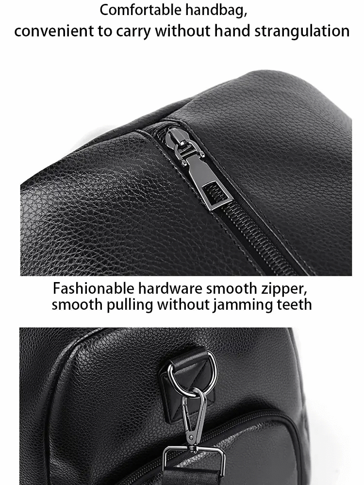 Simples Market retro short-trip bag in black PU leather, large-capacity with metal zipper and detachable strap hardware