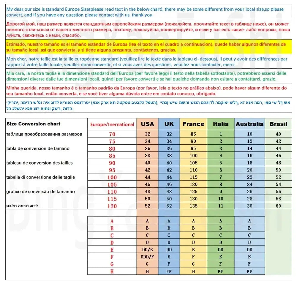 Simples Market wire-free bra size chart with multi-language sizing and Europe-to-USA/UK conversions, cups A–H